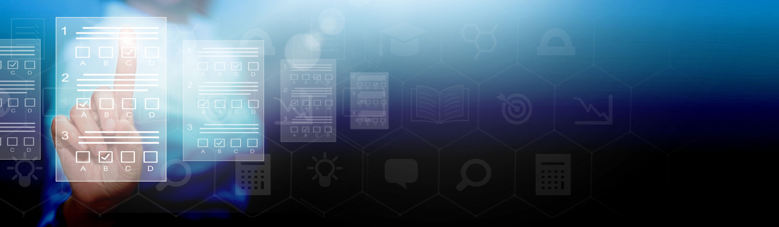 The image shows a close-up of a hand interacting with a digital interface on a touchscreen. The hand is selecting an option from a list of multiple-choice questions, with options labeled "A," "B," "C," and "D." The interface displays three numbered questions with checkboxes next to each option, and the hand is positioned near the second question, indicating a selection. The background features a gradient of blue tones, transitioning from a darker blue at the bottom to a lighter blue at the top. Faint icons related to education, technology, and business are visible, including symbols of a book, a light bulb, a magnifying glass, a calculator, and a graduation cap. The overall scene conveys the concept of digital learning, online assessments, or technology-driven education.